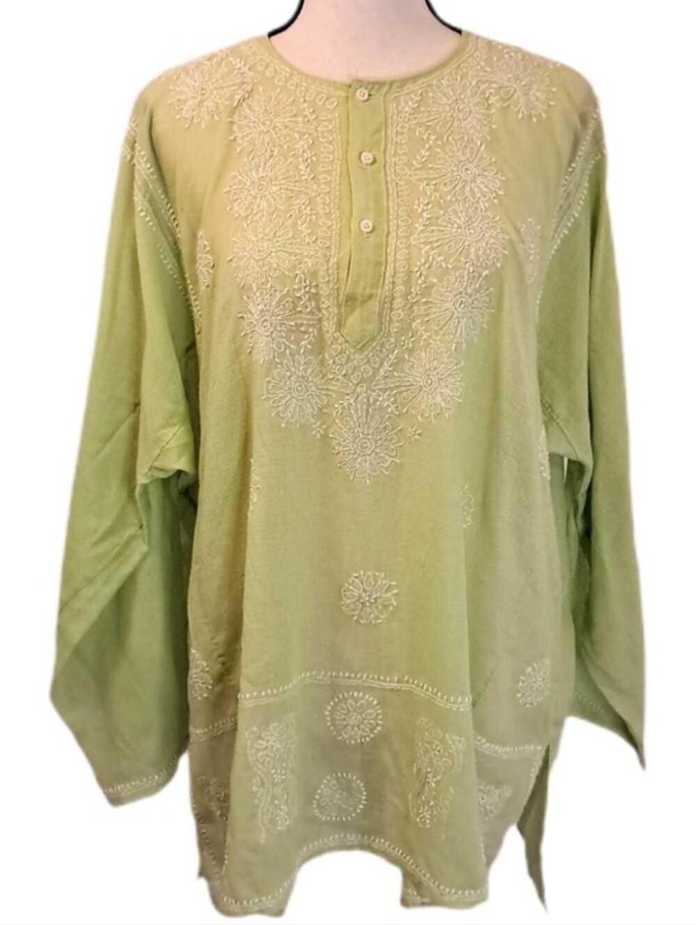 Pastel Green Linen Embroidered Boho Summer Shirt Coastal Vacation Beach Top XL